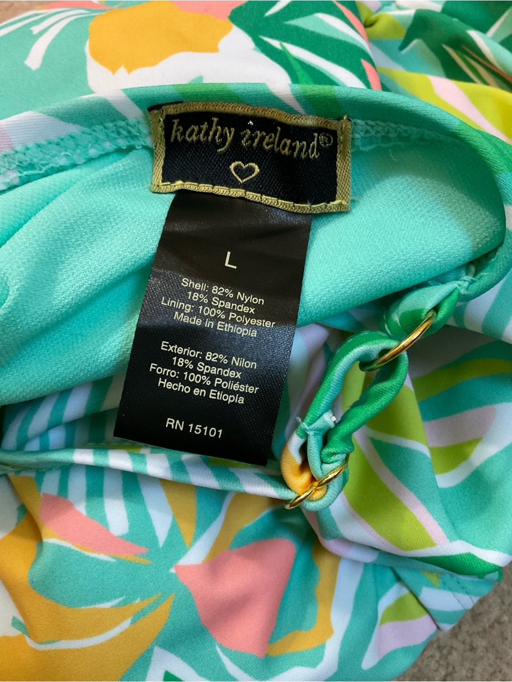 kathy ireland Green Tropical Floral One-Piece Swimsuit Yellow Accents 15”x26” - Picture 3 of 7
